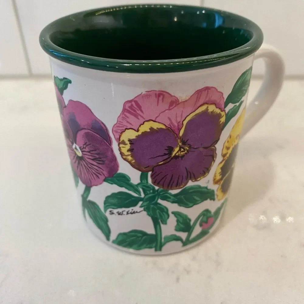 Vintage Rare Potpourri Designs Floral Pansies Coffee Mug 1991, 3.5